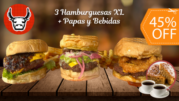 [Image: ¡Paga $23.90 en Lugar de $43.75 por 3 Hamburguesas XL + 3 Papas + 3 Sodas + 2 Porciones de Budín + 2 Cafés Americanos!m]