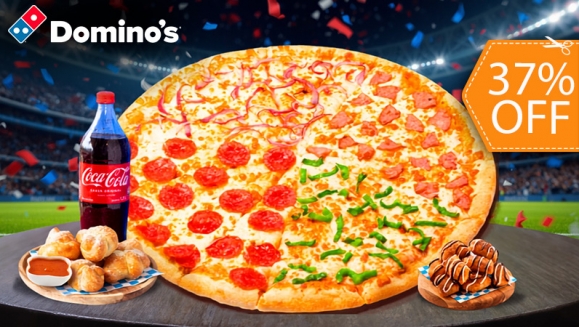[Image: ¡Banquete Mundialista en Domino's Pizza! ¡Paga $19 en Lugar de $30.23 por una Pizza Dominator de 16 Porciones con 4 Ingredientes a Elección + 8 Domiknots + Cinnabites + Bebida de 1.25 Lt!m]