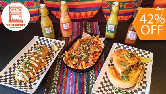 [Image: ¡Festín Mexicano a la Vista Para 2 Personas! ¡Paga $12 en Lugar de $20.75 y Elige tu Combo Favorito: A) Burrito XL + Torta, B) 2 Tortas o C) 2 Burritos XL con Carne a Elección: Pollo, Pastor, Hawaiano o Mixto + Entrada de Choripapas!m]