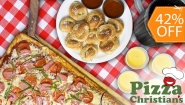 [Imagen:¡Pizza Grande para Todos! ¡Paga $19 en Lugar de $32.73 por Banquete para 4 que Incluye: 1 Pizza de 16 Porciones “Especialidad Christian” (Queso, Jamón, Pepperoni y Vegetales) + 12 Nuditos + 1 Pichel de Soda + 4 Flanes!]